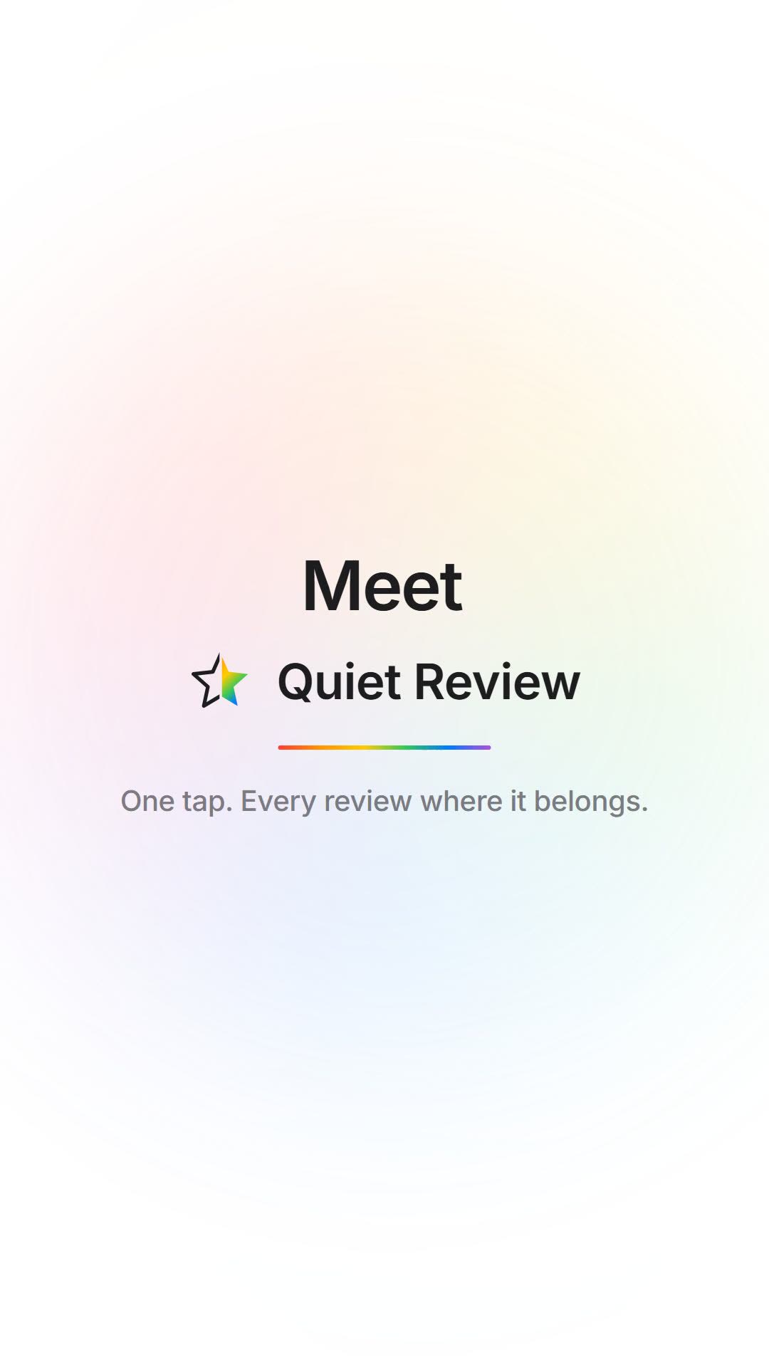 A 48-second demo of Quiet Review, with no sound. A customer taps five stars on a restaurant's review page and goes on to Google to write a review. Another taps one star and writes a private note instead, which reaches the owner by email within seconds and appears in their dashboard alongside every rating. Several branches can share one account, and review cards and stands are included in setup.
